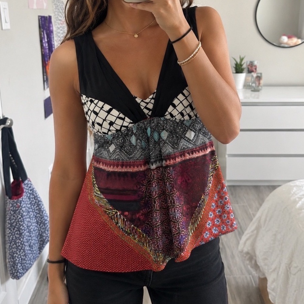 Etro Milano 100% Silk Patchwork V-Neck Tank Top S Mixed Print Made Italy luxury